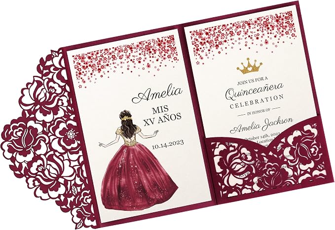 DORIS HOME 50Pcs Personalized Laser Cut Quinceanera Invitations, Burgundy | 4.7"x7.1", Customized Quince Invitations, For 15th Birthday, Sweet 16, With Envelopes