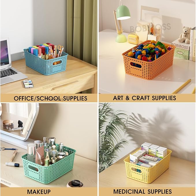 Colorful Plastic Storage Baskets with Lids 8 Pack Stackable Storage Bins Containers for Shelves Organizing, Colored Cute Decorative Storage Boxes for Classroom, Playroom, Closet, Pantry