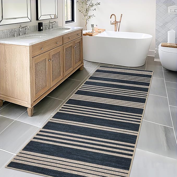 COZYLOOM Geometric Area Rugs 2x6 Runner Rug for Hallway Non Slip Stain Resistant Rug for Kitchen Modern Striped Non Shedding Low Pile Door Mats for Bathroom Bedroom Entryway Laundry Room, Navy Blue