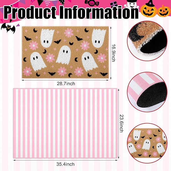 Tinideya 2 Pcs Pink Halloween Layered Doormat Set, Ghost Coir Doormat with Pink White Striped Rug, Cute Halloween Welcome Mats for Front Door Porch Entryway Outdoor Fall Decor