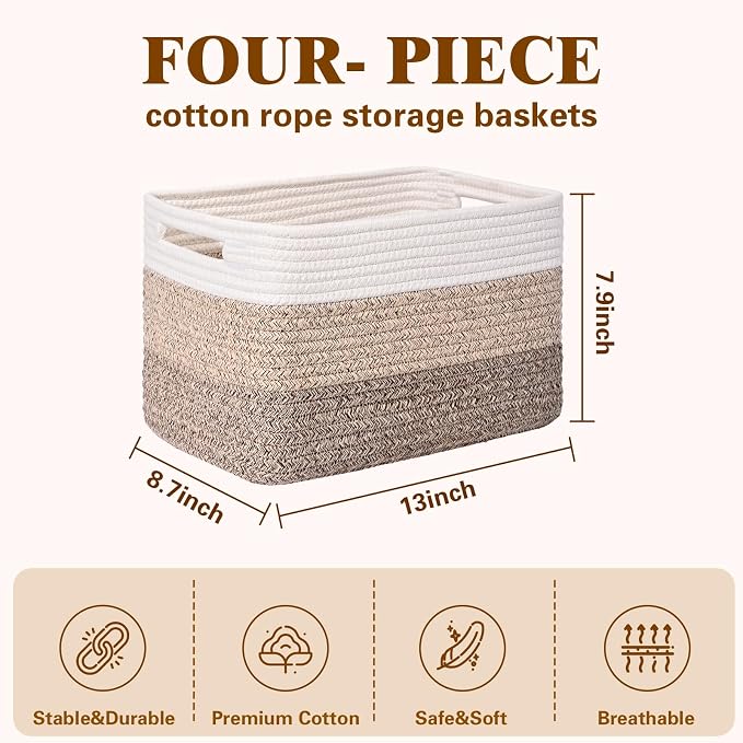 Storage Baskets for Organizing, 4 Pack Baskets for Shelves, Decorative Storage Bins for Shelves, Cotton Rope Storage Basket with Handles, Woven Basket for Storage, 13''Lx8.7''Wx7.9''H, Gradient Brown