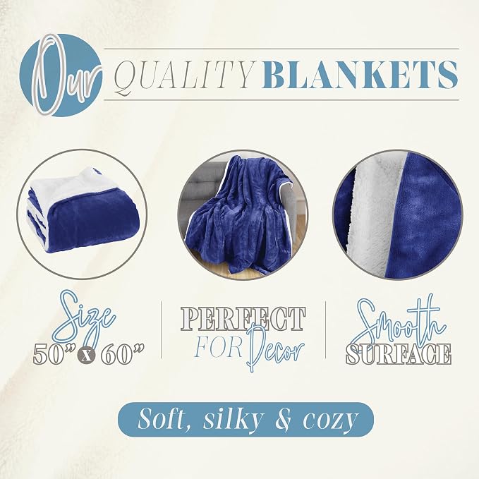 Elegant Comfort Reversible, Solid Sherpa Throw Blanket, All-Season Blanket- Super Soft, Cozy and Plush- Decorative Throw, Perfect for Lounging, 50 x 60 inches, Sherpa Throw Royal Blue