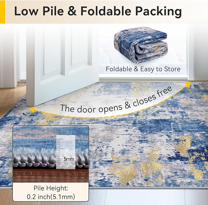 Washable Area Rugs 3x8 Non-Slip Modern Abstract Soft for Living Room Entryway Bedroom Nursery, Print Pattern, Grey Blue Gold/Golden