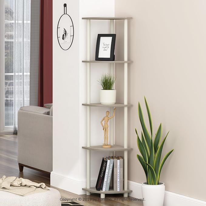 Furinno TURN-N-TUBE Corner Shelf, 5-Tier Corner Bookshelf, Open Storage Shelves, for Organization and Storage, Living Room, Home Office, Garage, Bedroom, Sonoma Oak