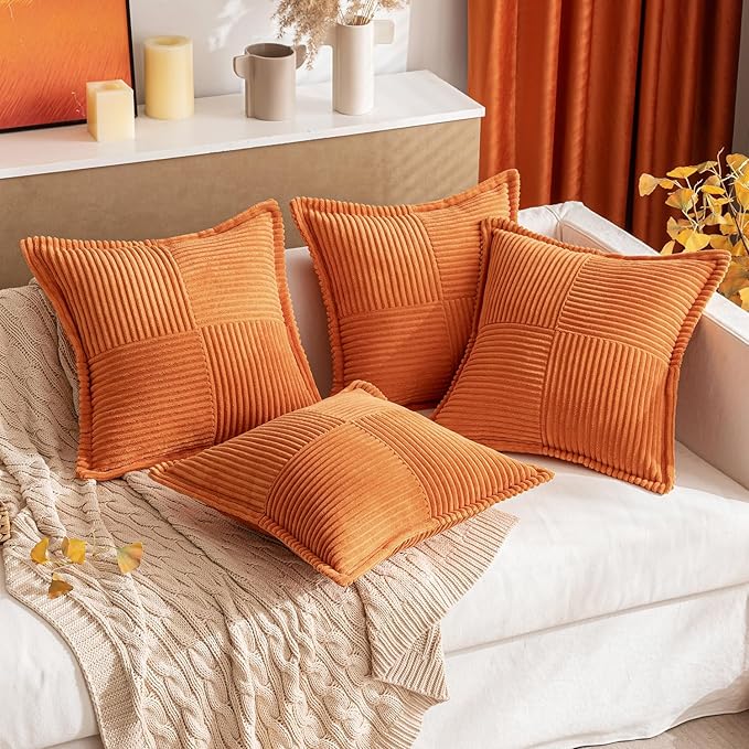 MIULEE Orange Decorative Throw Pillow Covers for Couch Bed Livingroom 16x16 Inch Set of 2 Boho Accent Throw Pllows Broadside Striped Patchwork Soft Corduroy Pillowcases