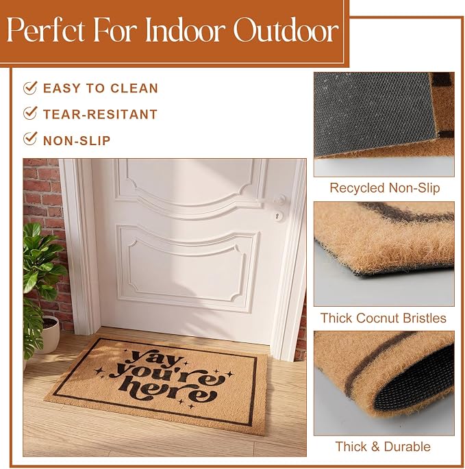 2 Pcs Outdoor Door Mat Combo Set Layered Outdoor Rug and Coir Welcome Doormat Non Slip Outside Floor Mat for Front Porch Entryway Patio Yard Decor(Yay You're Here,24'' X 51',18'' X 28'')