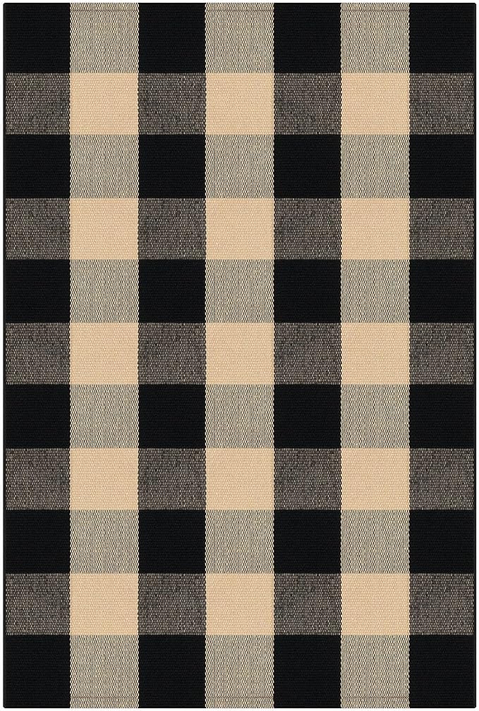 KOZYFLY Buffalo Plaid Area Rugs 2.3x3.6 Ft Brown and Black Rug Washable Front Door Mat Woven Cotton Indoor Outdoor Rug for Front Porch Kitchen Entryway Patio Farmhouse Checkered Doormat