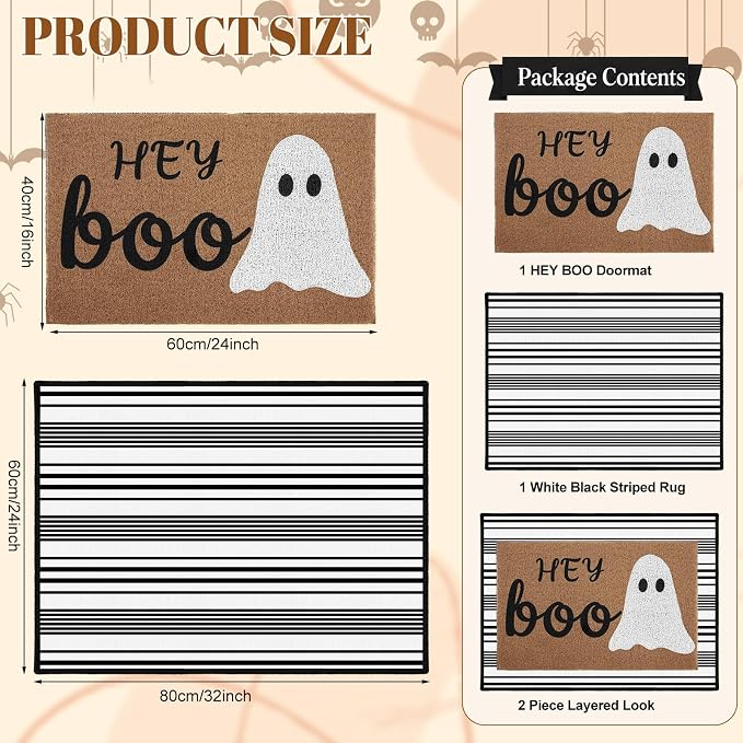 2 Pcs Hey Boo Ghost Halloween Doormats, 16 x 24 in Hey Boo Ghost Door Mat and 24 x 32 in Black White Striped Layering Rug, Fall Porch Decor for Indoor Outdoor Entryway Patio Kitchen Bathroom