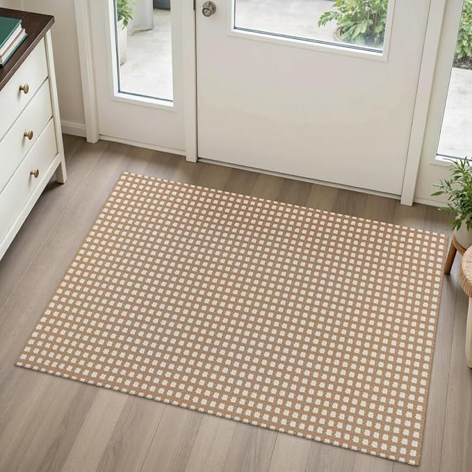 Rugalia Washable Woven Indoor Outdoor Doormat, 2x3 Camel Cotton Small Entryway Rug Low Pile Non-Slip Kitchen Rug, Modern Plaid Throw Carpet for Porch Bathroom Entrance Bedroom