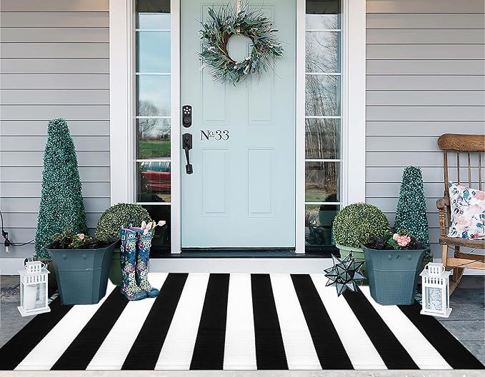 3'x5'Outdoor Rug,Black and White Striped Washable Front Porch Rug Farmhouse Cotton Woven Entry Rug Indoor Outdoor Area Rug for Porch/Home Entrace Decor/Bedroom/Layered Door Mats