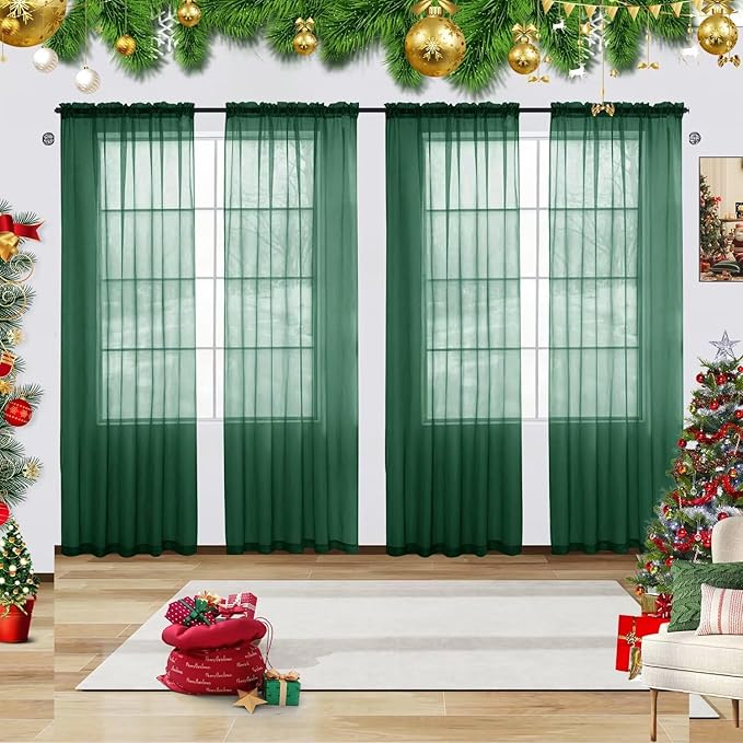 youleyar Solid Sheer Rod Pocket Curtain Voile Draperies 4 Panels White Beige Black Grey Ivory 52 Inch Width 72 Inch Long 1 Pair for Kitchen Bedroom Children Living Room Yard(Foliage Green,52 Wｘ72 L)