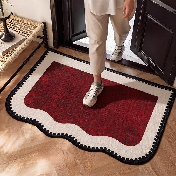 Breling Dark Red Entryway Rug 2 x 3 ft Large Scalloped Welcome Mat Non Slip Washable Doormat Front Door Throw Rug for Farmhouse Indoor Kitchen Laundry Porch Bathroom Decor