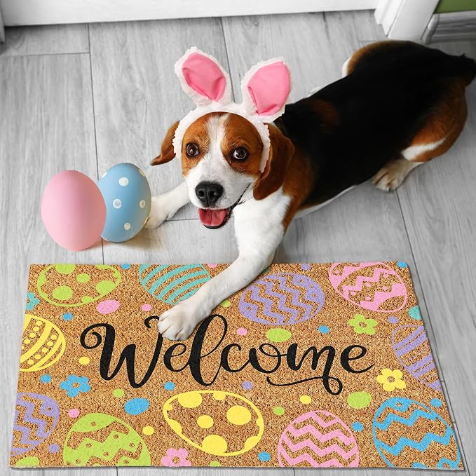 Ceenna Easter Welcome Doormat Outdoor Easter Egg Coir Door Mat Egg Front Door Mat Decor Non Slip Front Porch Rugs for Home Entrance Decoration, 16 x 28 Inch