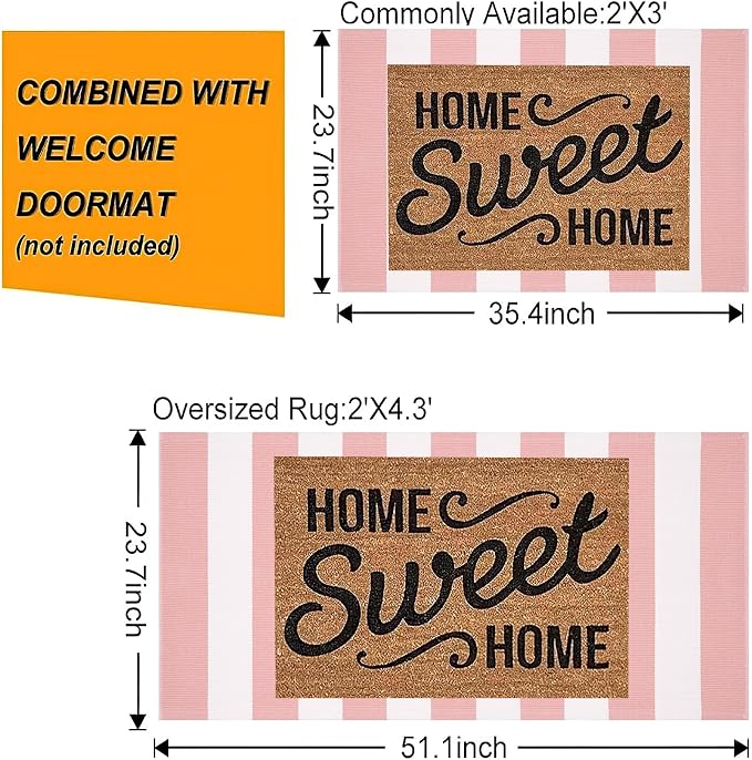 Front Outdoor Door Mat 2'x3',Pink Striped Outdoor Rug Machine Washable Cotton Layered Door Mat Entryway Throw Rug for Indoor Entrance