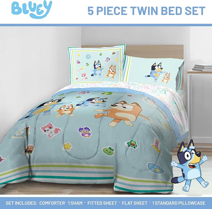 Bluey Bingo Twin Comforter Set 5 Piece Soft Kids Cartoon Bedding, Blue | Bed in a Bag, Comforter Sheets Sham Pillowcase, Official Product, Soft Microfiber, Machine Washable, Easy Care, Kids Gift