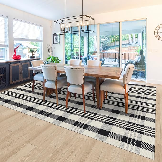 Buffalo Plaid Rug 6x9 Feet Cotton Woven Black and Off White Checkered Buffalo Check Area Rug Washable Indoor Outdoor Carpet for Living Room Bedroom Dining Room Patio Farmhouse