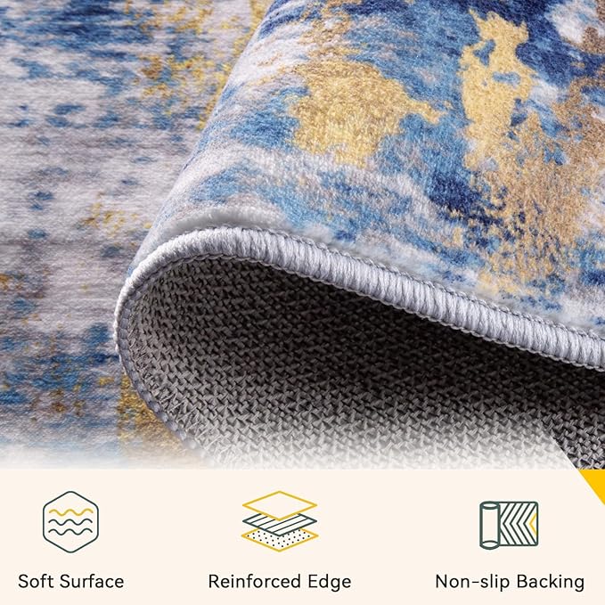 Washable Area Rugs 2x7 Non-Slip Modern Abstract Soft for Living Room Entryway Bedroom Nursery, Print Pattern, Grey Blue Gold/Golden