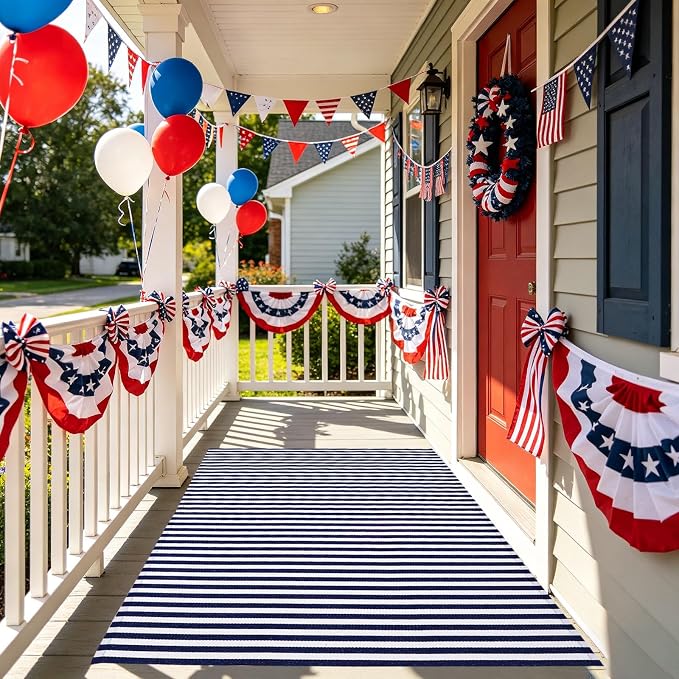 CAINANEL Blue and White Striped Rug 4th of July Door Mat 4' x 6' Summer Front Porch Rug Independence Day Welcome Doormats for Farmhouse Entrance Porch Outdoors Decor (Blue and White, 4' x 6')