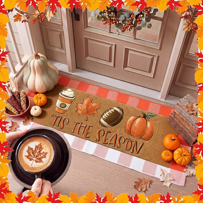 Moucuny 2 Pcs Fall Football Coir Doormat Outdoor, Tis The Season Welcome Coir Doormat 16 x 47, Layered Orange White Plaid Rug 22 x 56, Non-Slip Backing, Fall Autumn Porch Entryway Patio Decor
