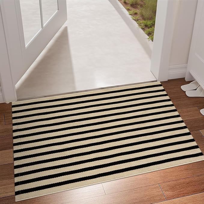LEEVAN Outdoor Door Mat 2'x3' Washable Welcome Mat Woven Black and White Entryway Rug Farmhouse Front Porch Decor Outside Entrance Striped Outdoor Floor Mats