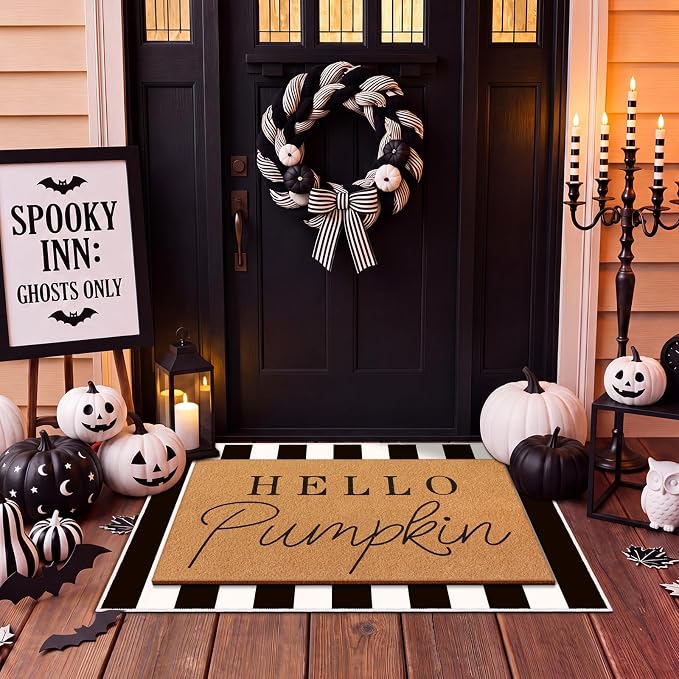 Tinideya 2 Pcs Fall Pumpkin Layering Door Mat, Hello Pumpkin Welcome Coir Mats with Black and White Non Slip Rug for Autumn Front Porch Entryway Decor