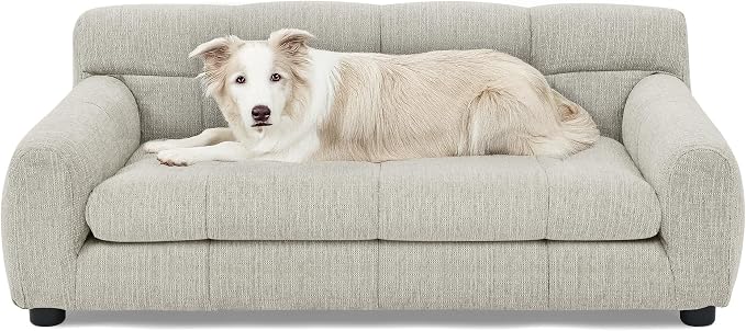 Dog Couch Bed with Backrest and Armrest, Durable Pet Sofa with Upholstered Foam Cushion, Elevated Dog Couch Bed with Legs for Medium Dogs, Dark Beige