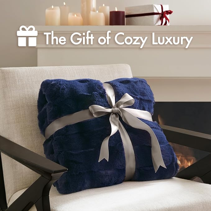Madison Park Vivienne Faux Fur Throw Blanket Velvet, 50 x 60, Navy | All Season, Cozy Warmth for Sofa or Bed, Reversible, Lightweight, OEKO-TEX Certified