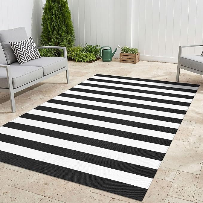 KILOCOCO Black White Striped Rug 5x7 Area Rug for Living Room Washable Rugs | Machine Washable Front Porch Layered Rugs, Cotton Rug for Patio, Outdoot Rug for Farmhouse, Woven Indoor Bedroom Carpet