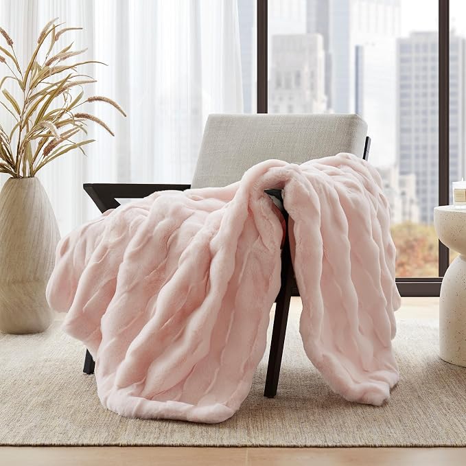 Madison Park Vivienne Faux Fur Throw Blanket Velvet, 50 x 60, Pink | All Season, Cozy Warmth for Sofa or Bed, Reversible, Lightweight, OEKO-TEX Certified