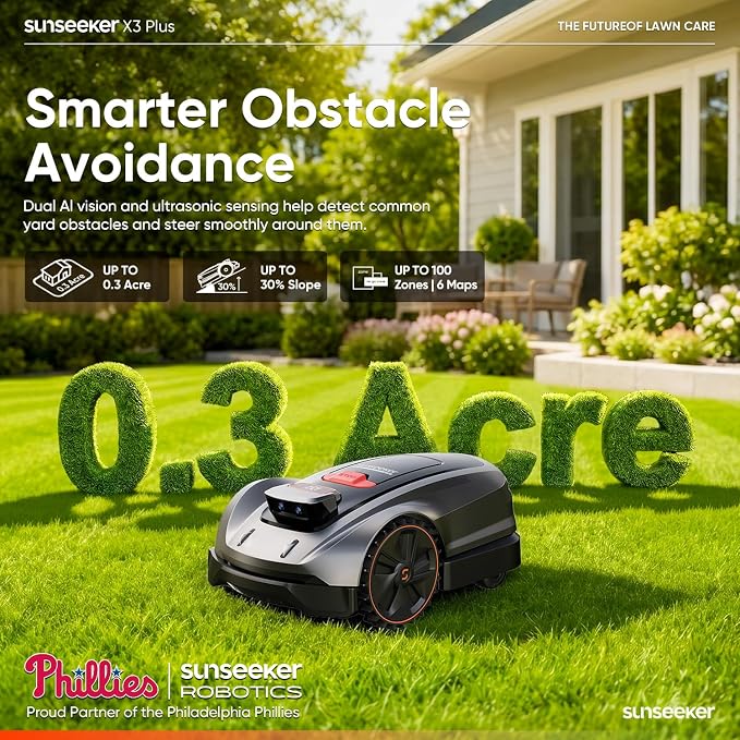 Sunseeker X3 Plus Robot Lawn Mower, RTK, Vision AI, 0.3 Acre, Wire-Free | Efficient edge cutting for homeowners with small to midsize suburban yards, multiple zones and defined borders.