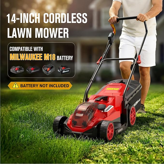 HEINPRO 14" Cordless Lawn Mower Compatible with Milwaukee M18 Battery | 2-in-1 Mulching & Rear Bagging Design, Brushless Motor w/ 5-Position Height Adjustment for Small Yards (Battery not Included)