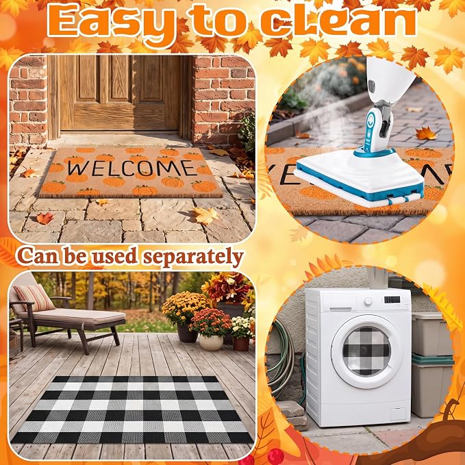 Moucuny 2 Pcs Fall Coir Doormat Outdoor Fall Pumpkin Welcome Outdoor Rugs for Layered Buffalo Black White Plaid Mats for Autumn Thanksgiving Front Door Porch Entryway Decor