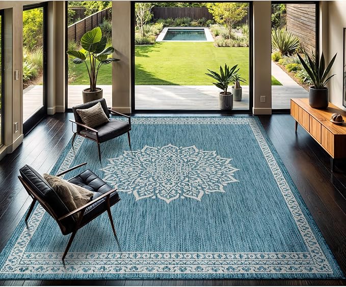 CAMILSON Outdoor Rug 9x12 Medallion Aqua Modern Large Area Rugs for Indoor and Outdoor Patios Kitchen and Hallway Mats Washable Porch Deck Outside Carpet (Medallion Aqua 9 x 12)