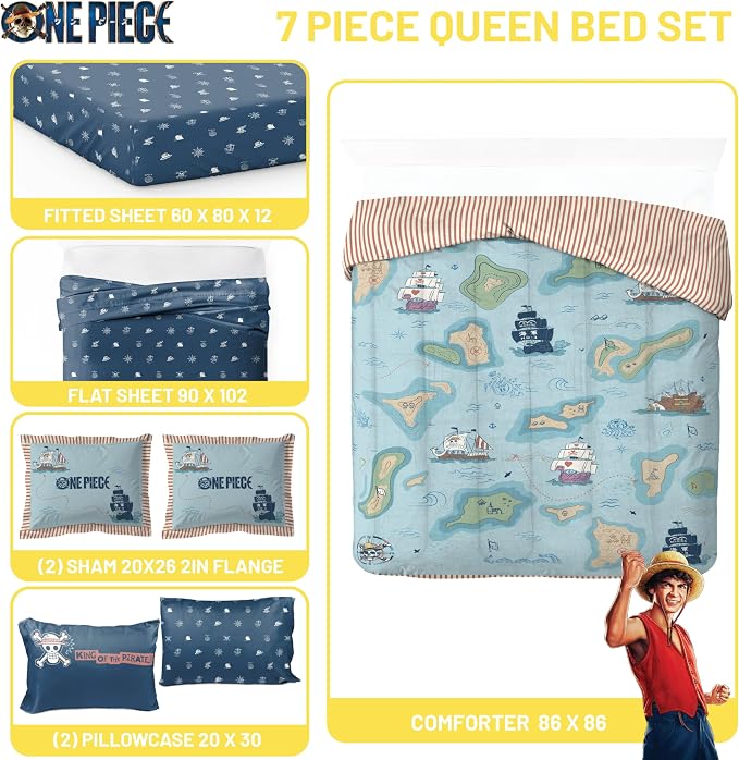 One Piece Luffy Queen Comforter Set 7 Piece Soft Anime Bedding, Multi | Bed in a Bag, Comforter Sheets Shams Pillowcases, Official Product, Soft Microfiber, Machine Washable, Gift for Fans
