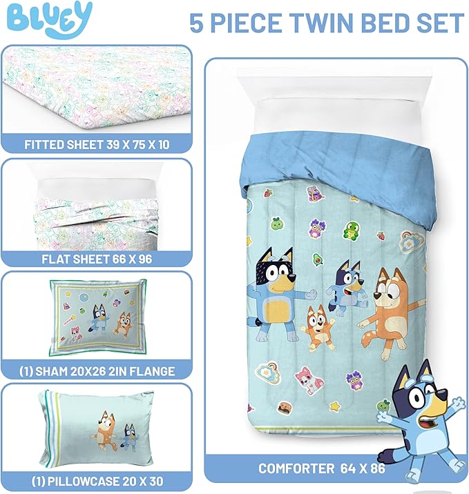 Bluey Bingo Twin Comforter Set 5 Piece Soft Kids Cartoon Bedding, Blue | Bed in a Bag, Comforter Sheets Sham Pillowcase, Official Product, Soft Microfiber, Machine Washable, Easy Care, Kids Gift