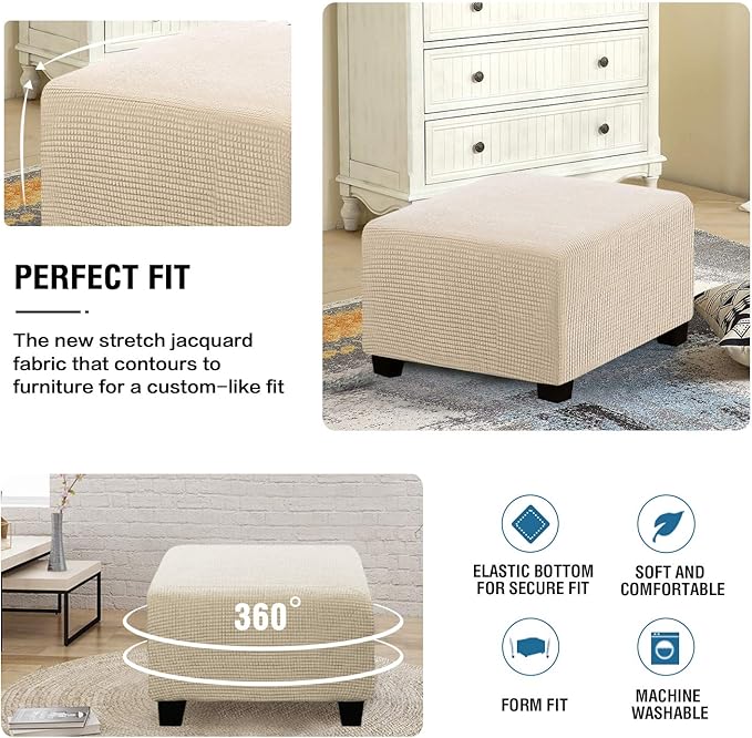 H.VERSAILTEX Square Ottoman Covers Ottoman Slipcovers Folding Storage Stool Furniture Protector Form Fit with Elastic Bottom, Stretch High Spandex Small Checks Jacquard Fabric(Medium,Natural)