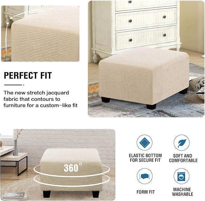 H.VERSAILTEX Square Ottoman Covers Ottoman Slipcovers Folding Storage Stool Furniture Protector Form Fit with Elastic Bottom, Stretch High Spandex Small Checks Jacquard Fabric(Large,Natural)