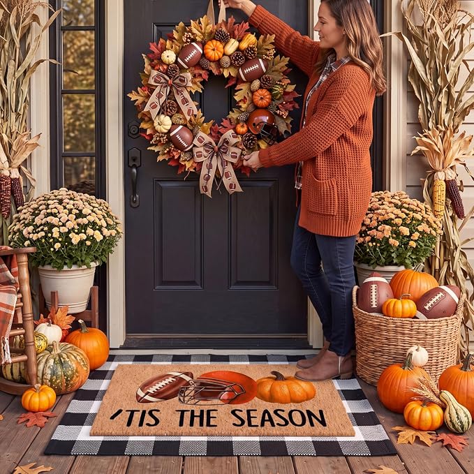 Moucuny 2 Pcs Fall Coir Doormat Outdoor Its The Season Football Doormat with Black and White Plaid Outdoor Rug Non Slip Mats for Autumn Entrance Porch Front Decor, 24'' x 35'', 16'' x 28''
