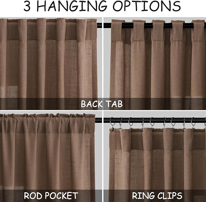 Caramel Brown Linen Curtains for Living Room 98 Inches Long Back Tab and Rod Pocket Light Filtering Semi Sheer Vintage Rustic Curtain Luxury Boho Decor Drapes for Bedroom Office 52x98, 2 Panels