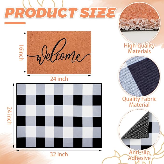 2pcs Layered Doormat Set, Welcome Door Mat for Outdoor Front Door, 16x24 PVC Coil & 24x32 Crystal Velvet Non-Slip Layering Entry Mats for Farmhouse Porch Decoration（Welcome, Striped