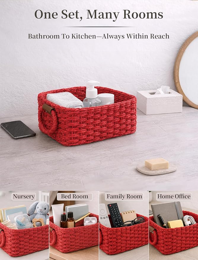 Small Wicker Baskets, 3 PCS Paper Rope Baskets for Shelves, Red | Recycled Small Baskets, 3 Sizes Woven Baskets for Organizing, Decorative Storage Baskets for Bedroom and Bathroom