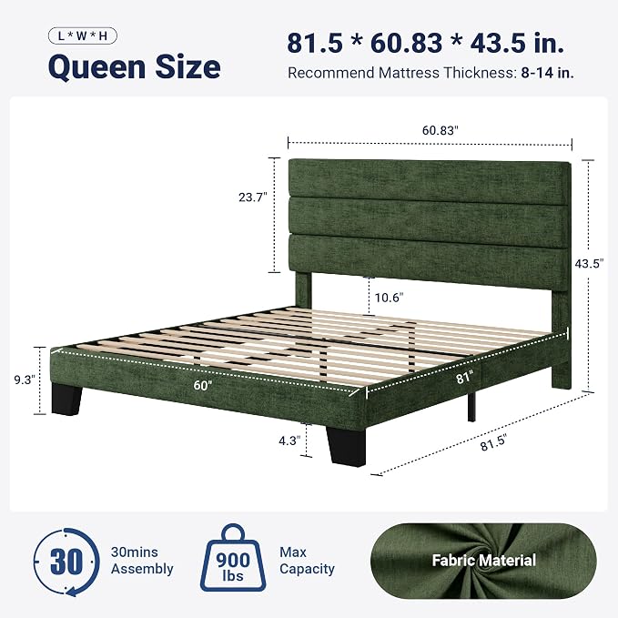 Allewie Queen Size Platform Bed Frame with Fabric Upholstered Headboard and Wooden Slats Support, Fully Upholstered Mattress Foundation/No Box Spring Needed/Easy Assembly, Green