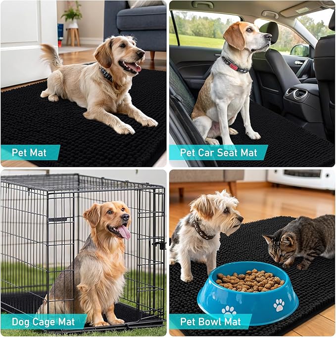 OLANLY Dog Door Mat for Muddy Paws 48x30, Absorbs Moisture and Dirt, Absorbent Non-Slip Washable Doormat, Quick Dry Chenille Mud Mat for Dogs, Entry Indoor Entryway Carpet for Inside Floor, Black