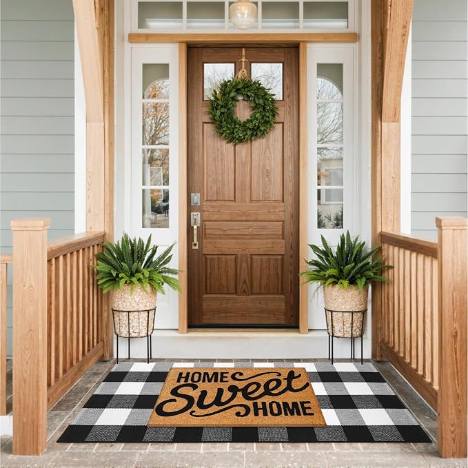 KIMODE Buffalo Plaid Outdoor Rug Runner Doormat 24'' x 51", Black/White Cotton Woven Checkered Fall Farmhouse Porch Rugs, Washable Indoor Door Mat for Front Layered Kitchen Bathroom Laundry Room