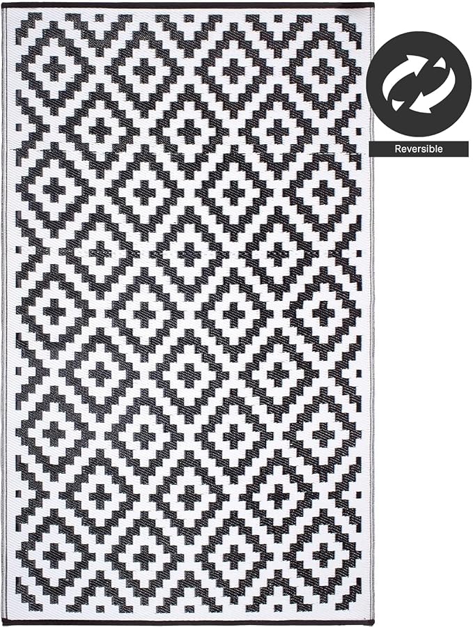 FH Home Outdoor Camping Rug - Waterproof, Fade Resistant, Reversible - Premium Recycled Plastic - Geometric - Large Patio, Deck, Sunroom, RV - Aztec - Black & White - 9 x 18 ft Foldable