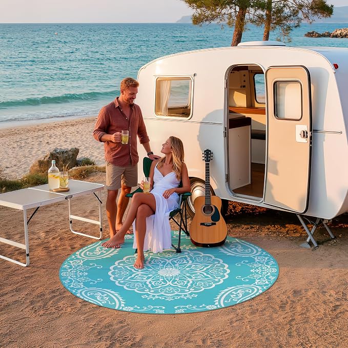 Pauwer Outdoor Rug 6ft, Waterproof Plastic Straw Camping Rug, Boho Teal | Reversible Patio Rug, UV Resistant Indoor Outdoor RV Mat Carpet For Deck, Camper, Porch, Balcony, Backyard, Picnic, Foldable