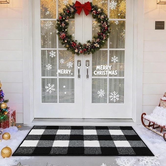 REFETONE Buffalo Plaid Indoor Outdoor Rug 20"x32", Black and White Checkered Front Door Mat with Non-Slip Rubber Back, Washable Low-Profile Entryway Rug for Porch, Kitchen, Layered Doormat Decor