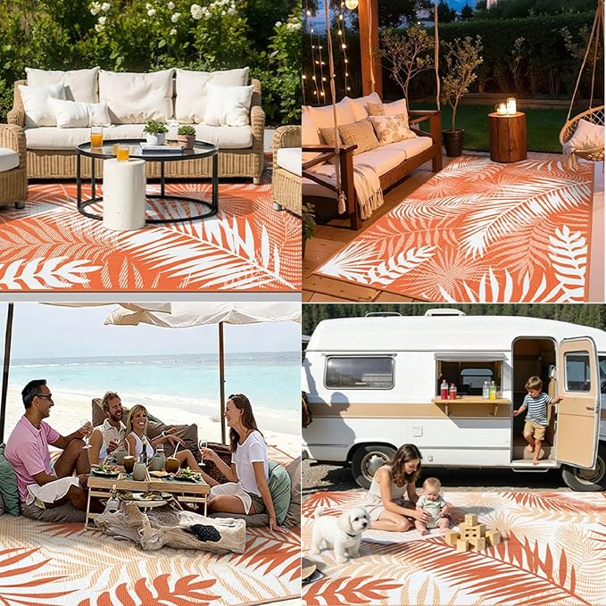 Outdoor Patio Rug, 6'x9' Plastic Straw Waterproof Mat, Reversible Camping Rug for RV Outside,Colorful Outside Layering Rug for Patios, Backyard, Deck, Balcony,Beach, Orange & White