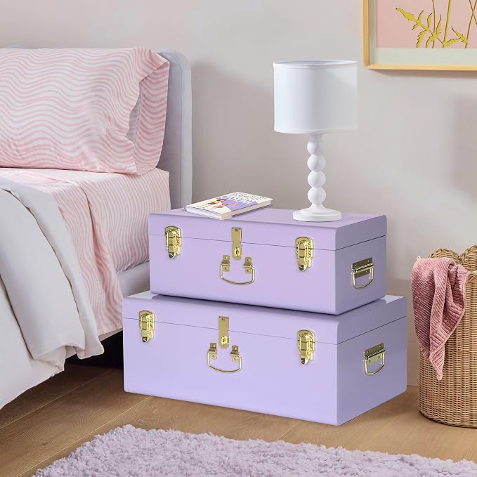 Vixdonos Storage Trunk Chest Decorative Large Metal Box Set of 2 College Dorm Organizer with Hardware Hasps and Handle for Home Deocr,23.7X14.2X9.5 Inches