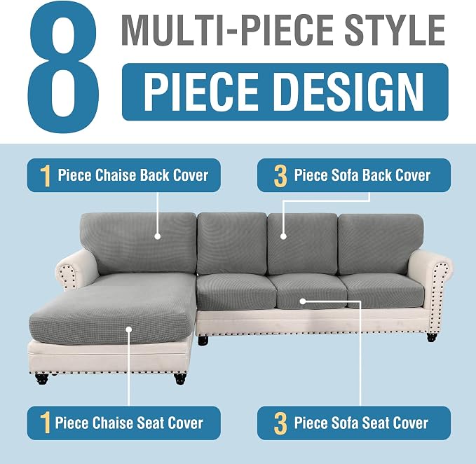 H.VERSAILTEX Sectional Couch Covers 8 Pieces Stretch Sofa Covers for Sectional Sofa Set Separate L Shaped Couch Cover for Both Left/Right Couch (Seat and Back: 1 Chaise + 3 Sofa, Dove)